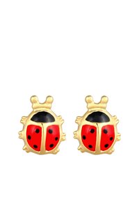 Röda och guldiga nyckelpigaörhängen har en glansig emaljfinish med svarta prickar och en böjd form, designade som söta insektsmotiv.