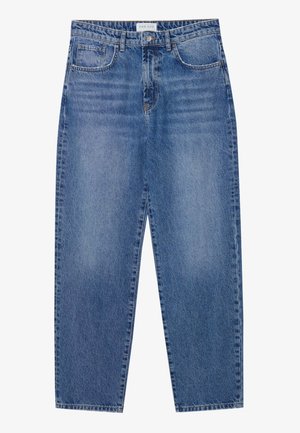 Jean en denim bleu taille haute avec poches avant, passants de ceinture, fermeture par bouton et zones décolorées sur les cuisses et les genoux.