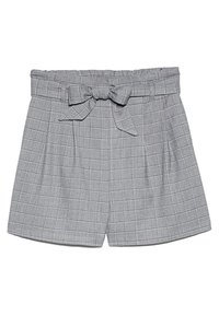 Pantaloni corti grigi a vita alta con motivo a scacchi bianchi e cintura di stoffa annodata a fiocco davanti.