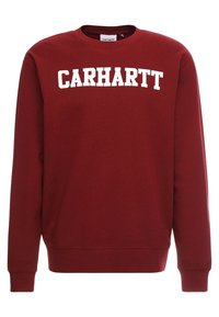 Bordeaux sweatshirt van zachte stof met een witte "CARHARTT" logo over de borst. Ribgebreide mouwen en zoom. Klassiek ontwerp met ronde hals.
