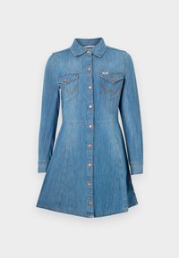 Blue denim dress with long sleeves, button front, two chest pockets, and a flared skirt. Features copper-tone buttons and contrast stitching.