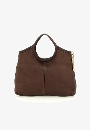 Borsa a spalla in pelle marrone con manico arrotondato, caratterizzata da cuciture a contrasto e un accento in metallo dorato. Texture liscia con design minimal.