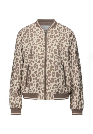 Blouson aviateur beige clair à imprimé léopard marron, fermeture éclair à l'avant, poches latérales zippées, poignets et ourlet côtelés, et une poche zippée sur la manche gauche.