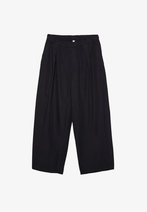 Schwarze Polyester-Culotte mit einem elastischen Bund, zwei vorderen Falten und einer lockeren Silhouette. Keine sichtbaren Muster oder Hardware-Details.