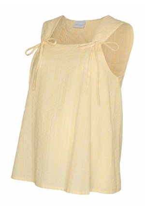 Blusa amarilla sin mangas con rayas verticales texturizadas y lazos atados en tirantes anchos, ajuste holgado, escote cuadrado.