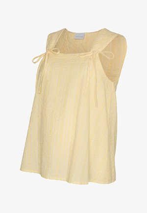 Gul ærmeløs bluse med teksturerede lodrette striber og bånd, der er bundet på brede skulderstropper, løs pasform, firkantet udskæring.