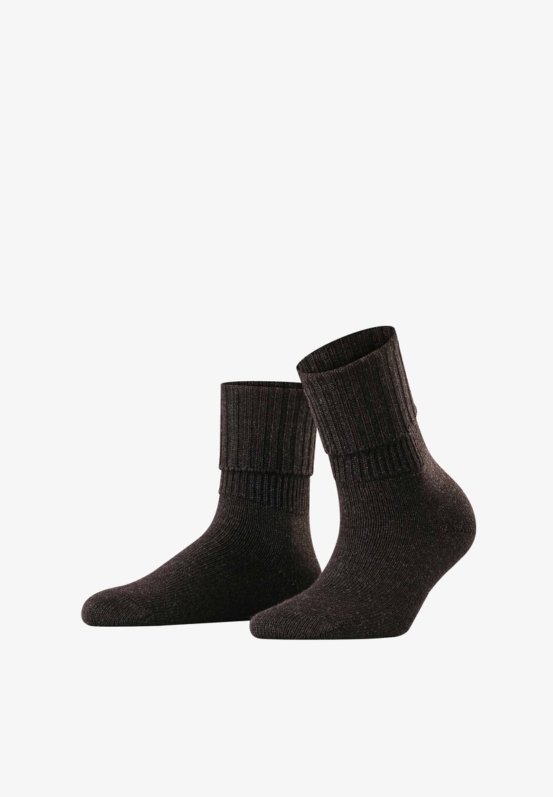 Black ribbed socks featuring a fold-over cuff, made from a soft, textured material with a snug fit and reinforced toe area.