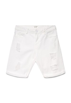 Shorts di jeans bianchi con patch consumati sulla parte anteriore delle cosce e orli arrotolati, dotati di tasche anteriori e passanti per cintura.