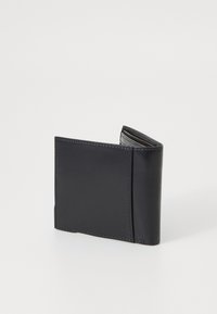 Black leather wallet with a textured finish, bi-fold design, and contrasting stitching. Features card slots and a small bill compartment.