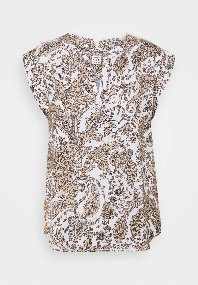 Blouse blanche sans manches avec des motifs paisley et floraux complexes beige et marron, encolure ronde et petites fentes latérales.