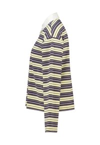 Pitkähihainen rugby-paita, jossa on vaakasuorat mustat, valkoiset ja keltaiset raidat sekä valkoinen kaulus, kuvattuna sivusta valkoista taustaa vasten.