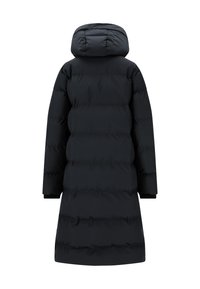 Schwarze Pufferjacke mit Kapuze, ausgestattet mit einem gesteppten Design, langen Ärmeln und einem geraden Schnitt. Glatte Textur ohne sichtbare Hardware.