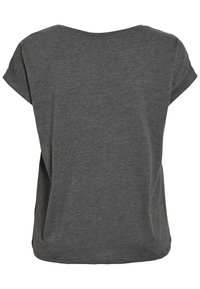 Ciemnoszary t-shirt z krótkim rękawem i okrągłym dekoltem, wykonany z miękkiego materiału, o luźnym kroju i delikatnej fakturze.