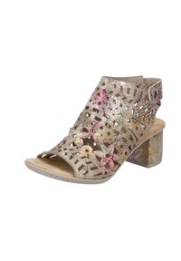 Gold cut-out sandal with a medium block heel, featuring floral patterns, a side buckle, and a textured insole.