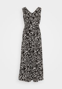 Robe maxi à motif floral noir et blanc avec un décolleté en V et sans manches, présentant une taille cintrée et une jupe fluide.