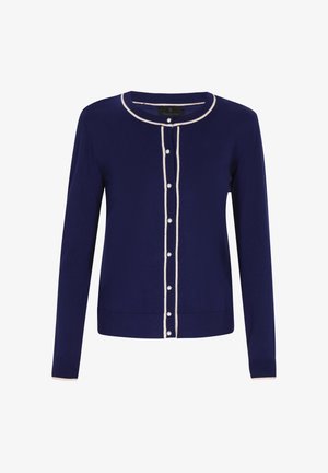 Marineblauer Cardigan mit Rundhalsausschnitt, kontrastierenden hellen Akzenten und perlenähnlichen Knöpfen auf der Vorderseite. Weicher Stoff und taillierte Passform.