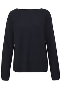 Maglione nero a maglia con maniche lunghe, scollatura rotonda e vestibilità rilassata. Tessuto testurizzato con finitura liscia e senza motivi o accenti.