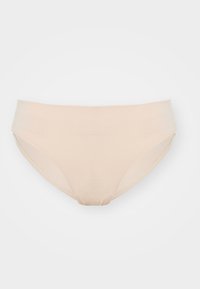Beige cotton brief with a smooth texture, featuring a wide elastic waistband and standard cut legs, designed for comfort and fit.