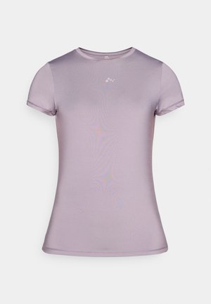 Short-sleeve, fitted t-shirt in light lavender, made from smooth, stretchy fabric. Features a round neckline and subtle logo detail on the chest.