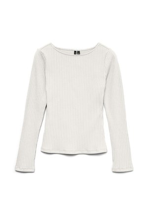 Top blanc à manches longues côtelé avec un col rond, une silhouette ajustée et un léger évasement à l'ourlet, présenté sur un fond blanc.