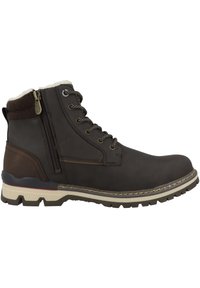Botte en cuir marron avec un dessus texturé, un col en fausse fourrure, un laçage sur le devant et une fermeture éclair sur le côté, dotée d'une semelle en caoutchouc robuste avec crampons.
