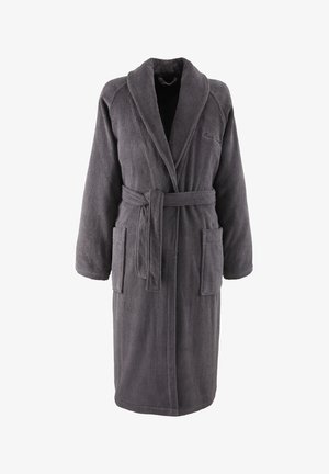 Accappatoio in spugna morbida grigio scuro con collo a scialle, due tasche frontali e cintura in vita annodata.