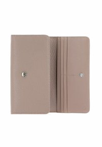Portefeuille en cuir gris avec une texture grainée, doté d'une fermeture à pression et de plusieurs emplacements pour cartes à l'intérieur. Design compact, détails minimalistes.