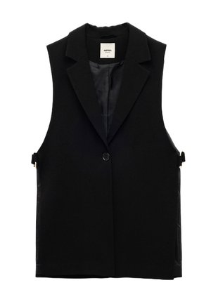 Schwarzer ärmelloser Blazer-Weste mit Reverskragen, einreihiger Knopfschluss und verstellbaren Seitenriemen, innen gefüttert.