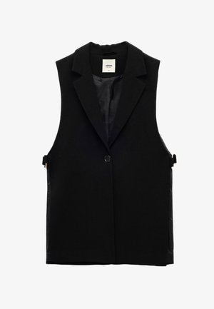 Veste sans manches noire avec col à revers, fermeture à un bouton, et boucles latérales réglables, doublée à l'intérieur.