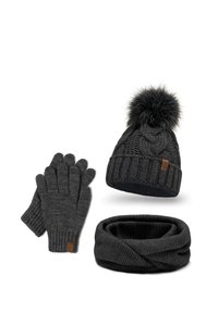 Beanie tricotat negru cu pompon din blană, mănuși tricotate gri și o eșarfă infinit gri asortată. Prezintă modele texturate și o etichetă din piele.