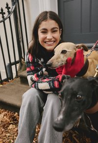 Une jeune personne portant un pull à carreaux coloré tient un chien marron clair avec un gant rouge. Un chien noir est visible à proximité. Ils sont assis sur des marches en pierre.