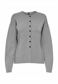 Grå stickad cardigan med rund nacke, långa ärmar och svarta knappar fram. Mjuk textur och lös passform.