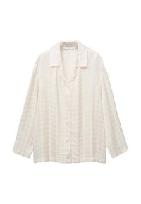 Langarmige crèmekleurige blouse met subtiel geruit patroon, knoopsluiting aan de voorkant en een ontspannen kraag.