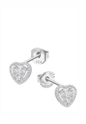 Boucles d'oreilles en argent sterling en forme de cœur avec des pierres précieuses transparentes, présentant un design à deux cœurs et des accents clairs tout autour.