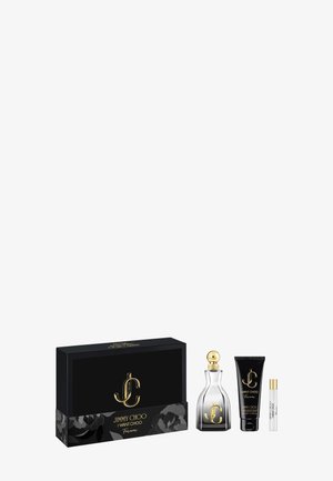 Jimmy Choo I Want Choo Forever gavesæt med sort æske, parfume flaske, sort lotion tube og lille hvid sprayflaske.