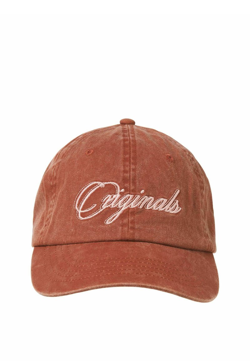 Rød bomulds-baseballkasket med broderet "Originals" i hvid skrift. Har en buet skygge og justerbar rygrem. Blød, tekstureret finish.