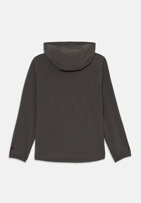 Mörkgrå huva jacka med långa ärmar. Slät текстur, elastiska ärmslut och sömnadsdetaljer. Enkel design, ingen synlig hårdvara.