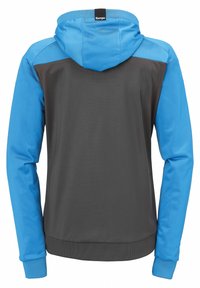 Sweat à capuche avec un corps gris et des manches bleu. Fabriqué en tissu lisse, avec une poche kangourou. Étiquette Kempa à l'arrière de la capuche.