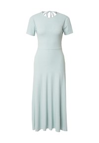 Helles blaues geripptes Kleid mit kurzen Ärmeln, tailliertem Oberkörper und weit ausgestelltem Rock. Verfügt über eine Schnürung am Nacken hinten.