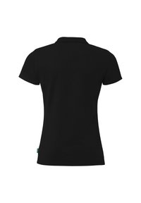 Zwarte poloshirt van katoen, met korte mouwen, een ribbelkraag en een label aan de onderkant van de linkerzijde. Glad textuur.
