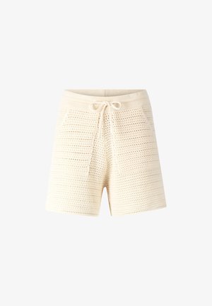 Shorts tricotate de culoare crem, cu o țesătură texturată, deschisă. Dispun de un cordon la talie și două buzunare frontale. Design casual, croială de lungime medie.
