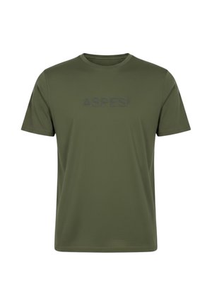 T-shirt verde oliva a maniche corte con collo rotondo e testo in rilievo sottile "ASPESI" sul petto.