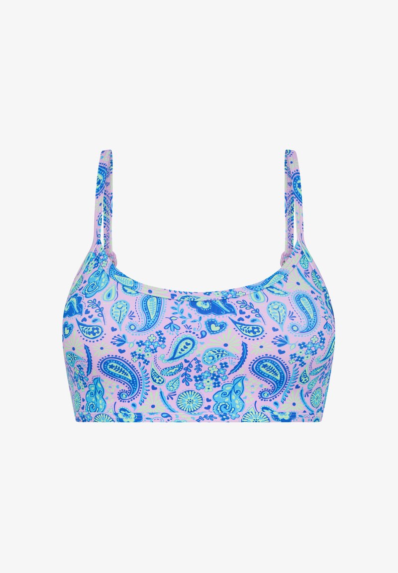 Hellviolettes Sport-BH mit blauem und türkisfarbenem Paisley- und Blumenmuster, ausgestattet mit dünnen, verstellbaren Schultergurten.