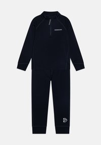 Navy blue two-piece thermal set made of soft material, featuring a half-zip top and fitted pants with contrasting stitching and logo detail.