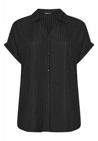 Camicia nera a maniche corte con colletto, caratterizzata da un motivo testurizzato, chiusura con bottoni e vestibilità ampia per il massimo comfort.