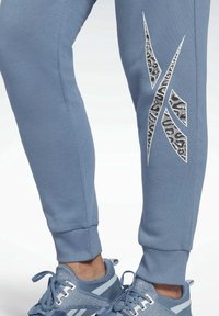 Ljusblå joggerbyxor med ribbad nederkant och silverfärgad leopardtryckaccent längs sidan. Matchat med blåa träningsskor.
