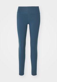 Leggings da donna a vita alta, a lunghezza completa, di colore blu ardesia uniforme, con una fascia in vita liscia e senza cuciture e una silhouette aderente.