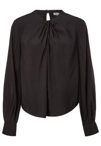 Blusa nera a maniche lunghe con chiusura a chiave sul retro, tessuto testurizzato, dettaglio frontale arricciato e polsini con bottoni.