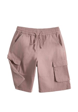 Lyse lilla cargoshorts med elastisk linning, snor, sidelommer og lommer med klap på begge ben.