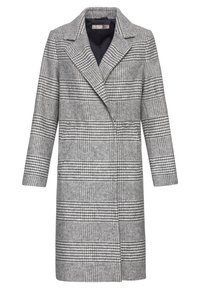 Grå rutad ullkappa med dubbelknäppning, spetsig krage och långa ärmar. Slät textur med en strukturerad passform.